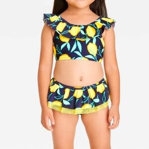 NWT | CAT & JACK | LEMON PRINT RUFFLE TRIM BIKINI SET | NAVY | BABY GIRL | 12M